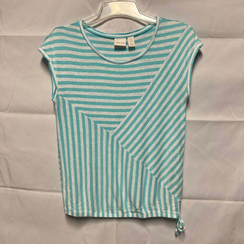 Chico's Linen Blend Top Womens 0/XS Beachy Coastal Nautical Minimalist Stretch